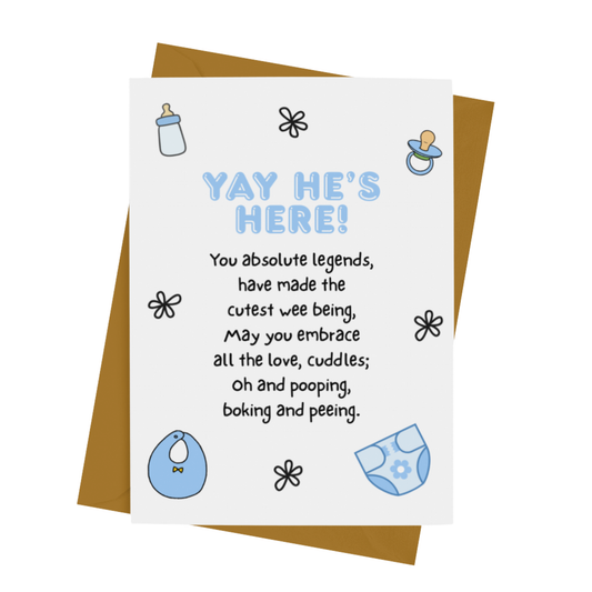 HE'S HERE - NEW BABY CARD